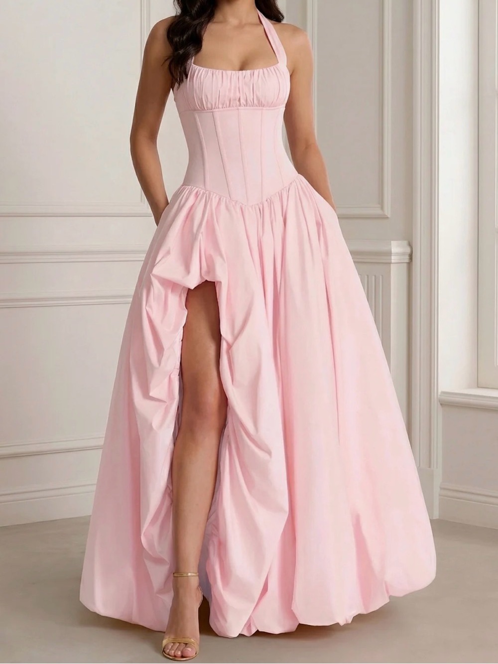 Elegant Pink Halter Corset Ball Gown Dress